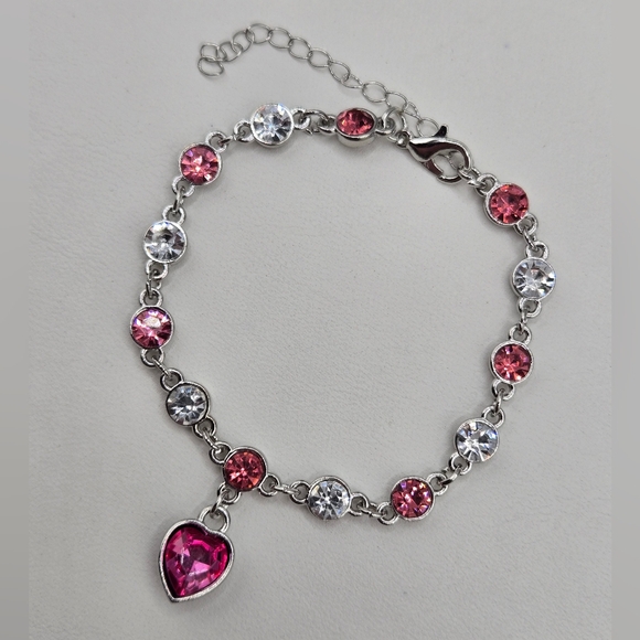 Swarovski Crystal Elements Silver and Pink Heart Charm Bracelet 6.5 - 8.5 inch - Picture 2 of 4